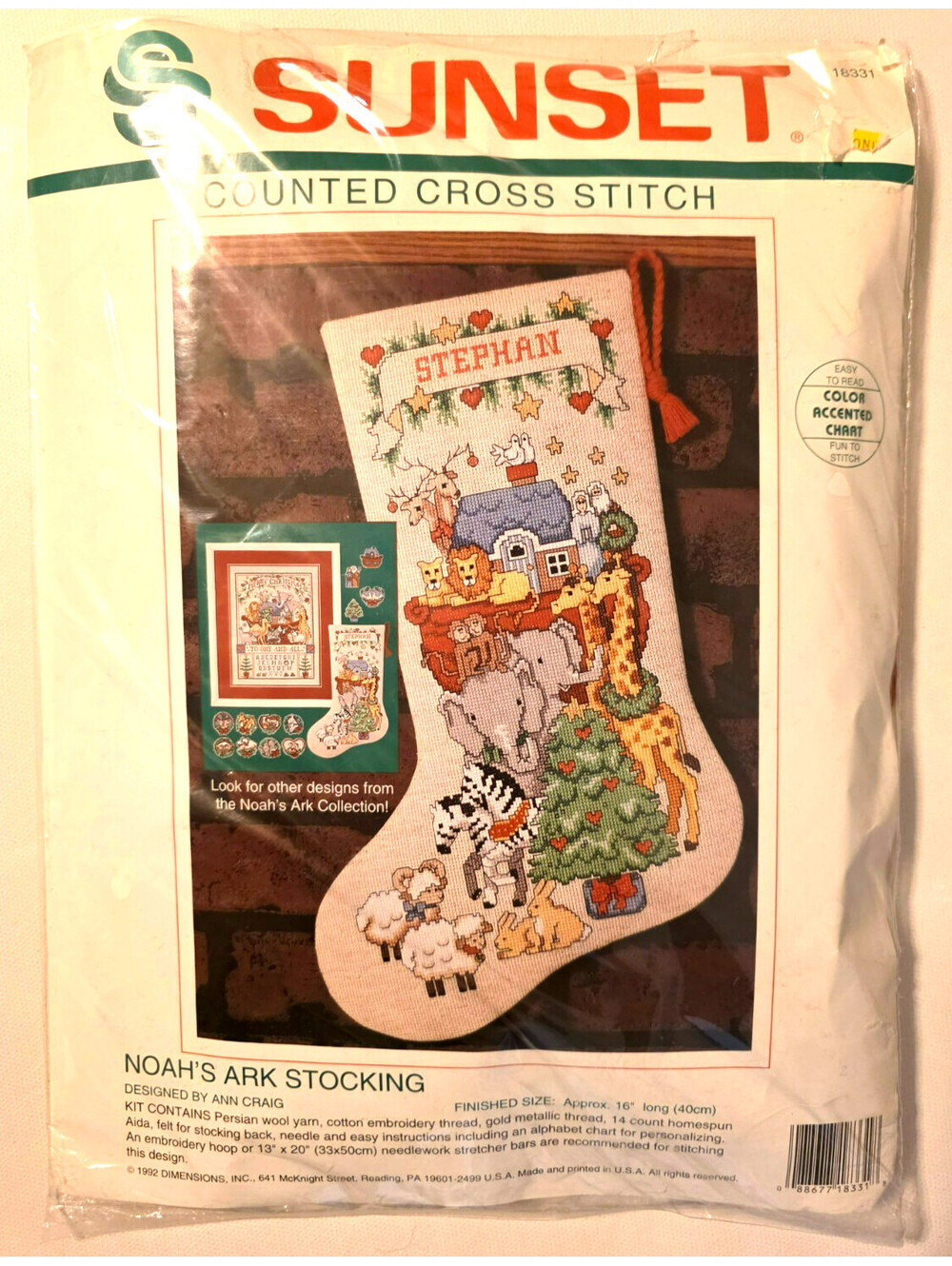 New Vtg 1992 Sunset Noah's Ark Christmas Stocking Counted Cross Stitch Kit 18331